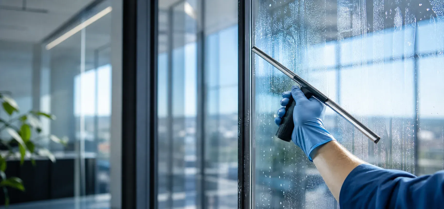 Professionelle Glasreinigung an einer Bürofensterfront.